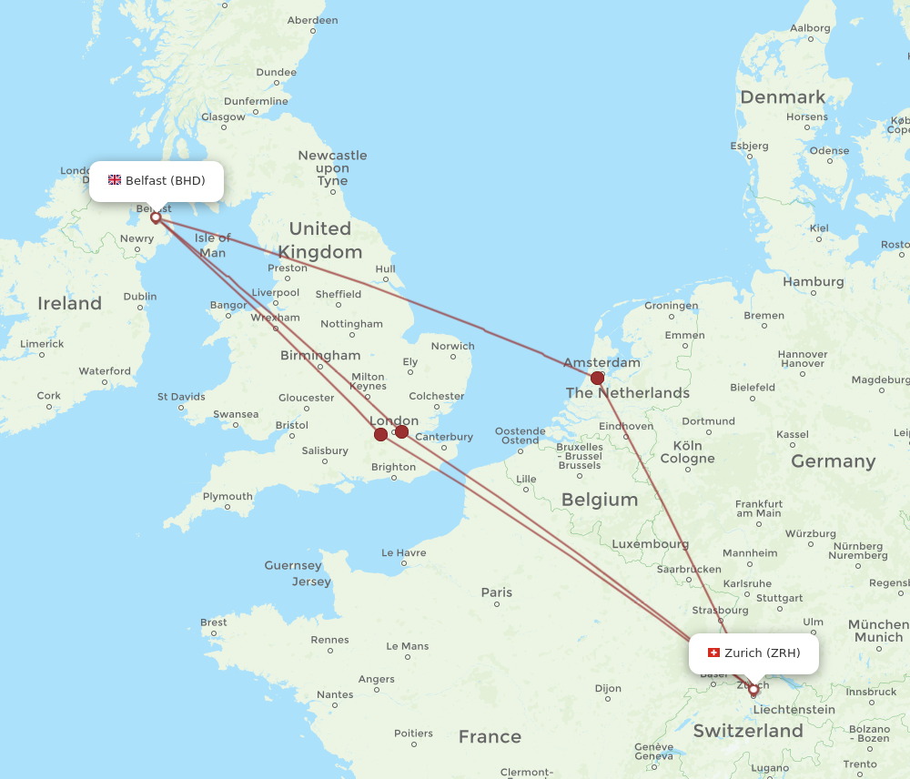 BHD to ZRH flights and routes map