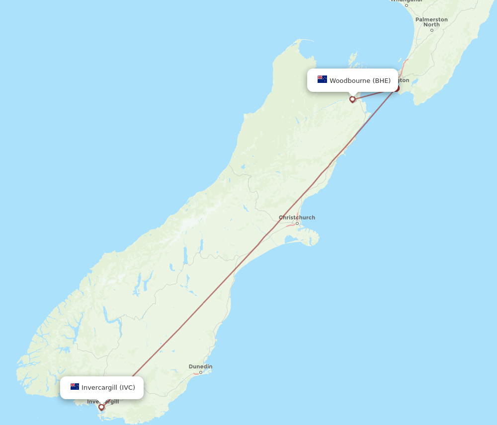 Blenheim - Invercargill route map and flight paths