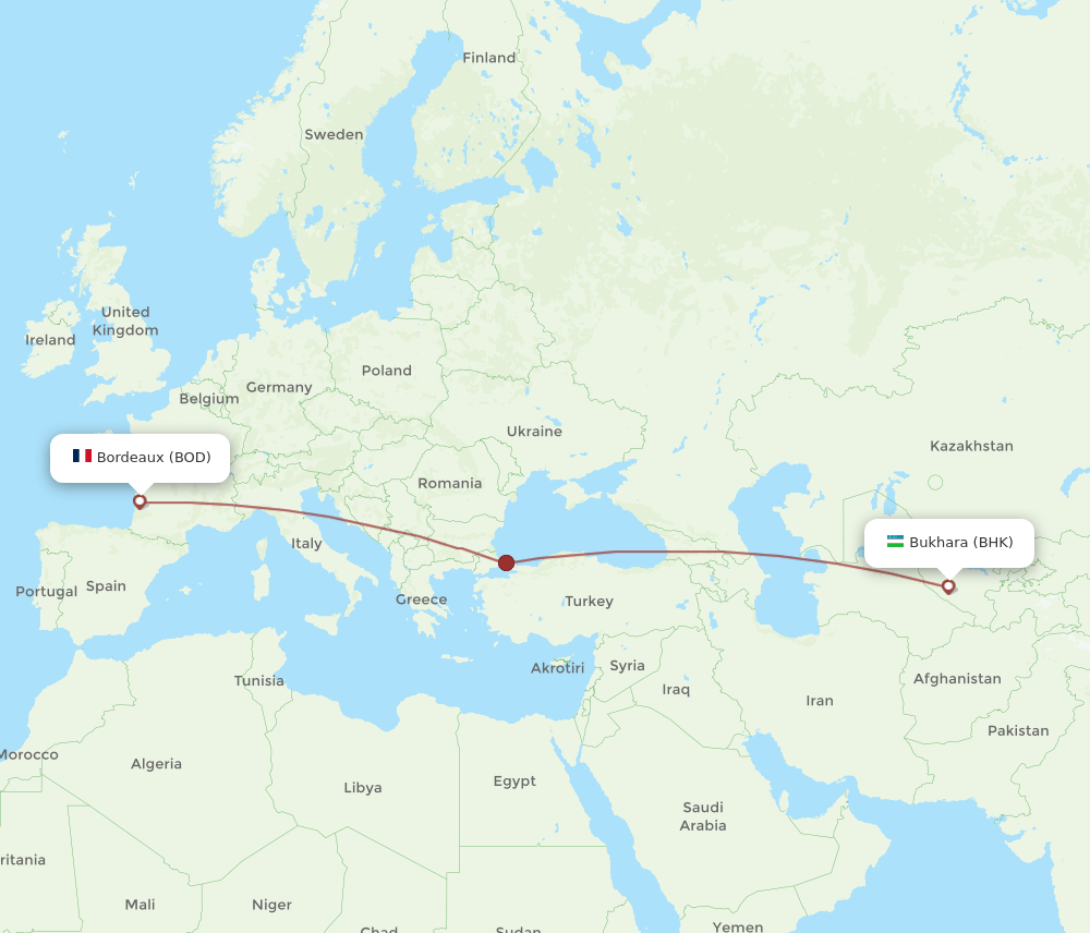 Bordeaux - Bukhara route map and flight paths