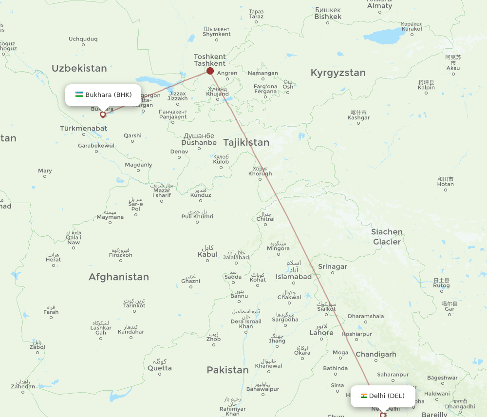 BHK to DEL flights and routes map