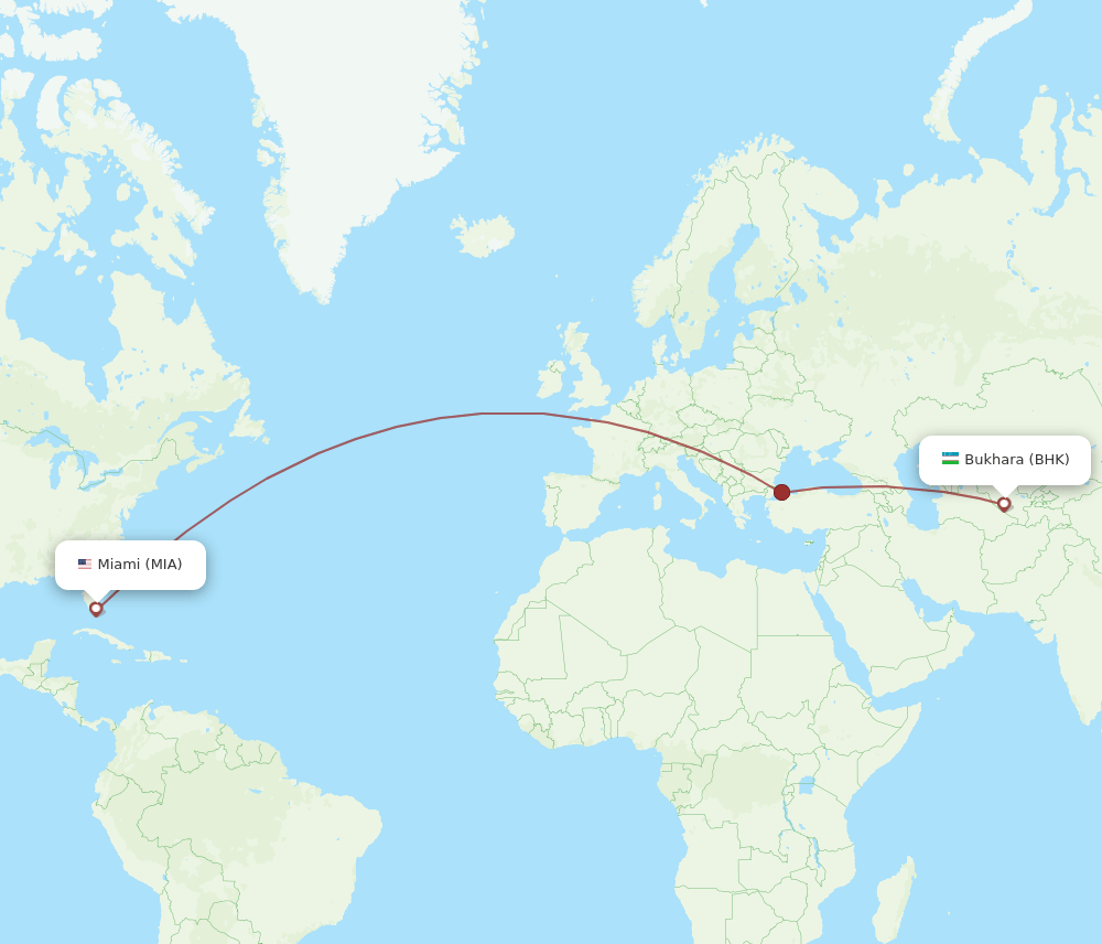 Miami - Bukhara route map and flight paths