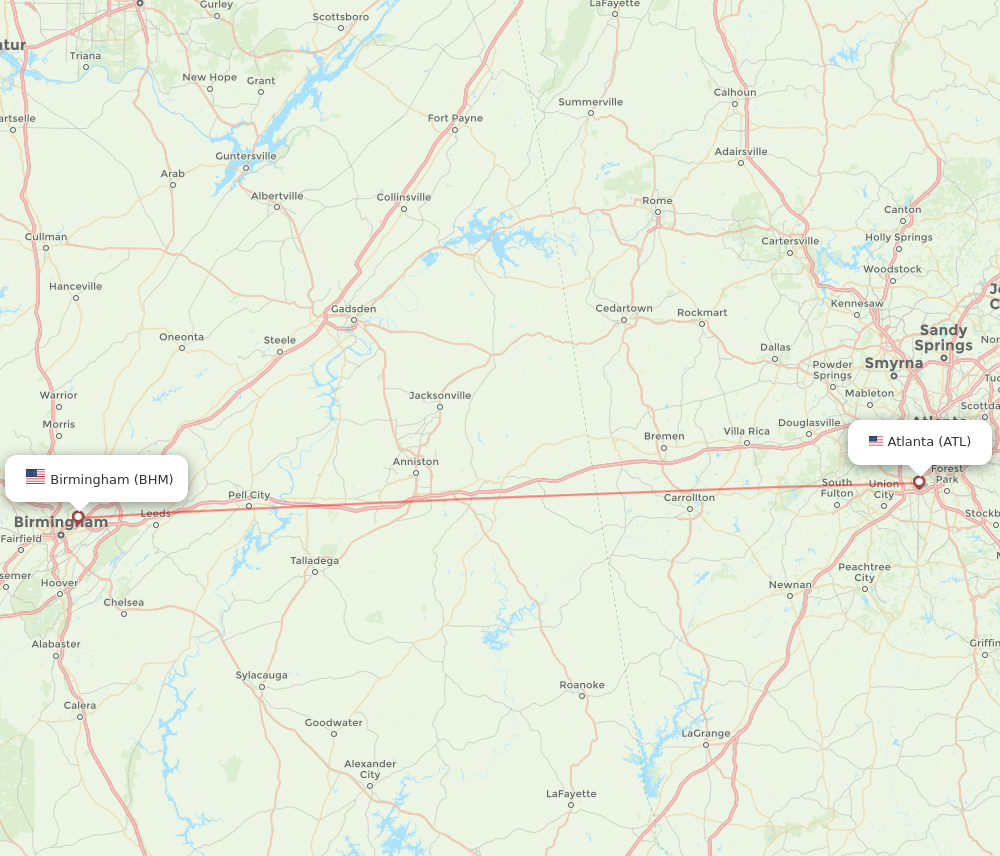 Birmingham - Atlanta route map and flight paths