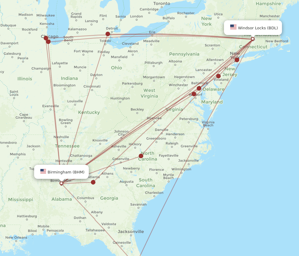 BHM to BDL flights and routes map