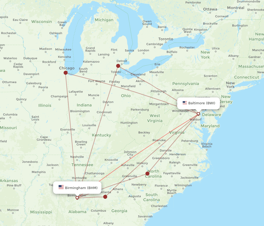 BHM to BWI flights and routes map