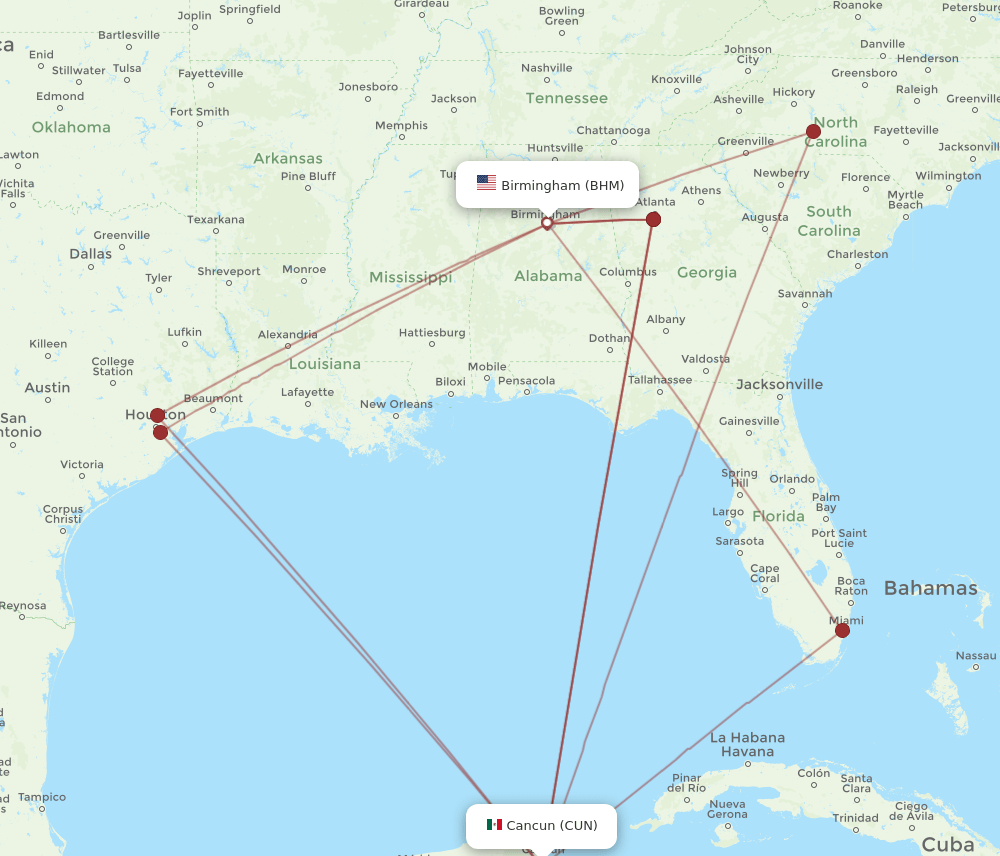 BHM to CUN flights and routes map