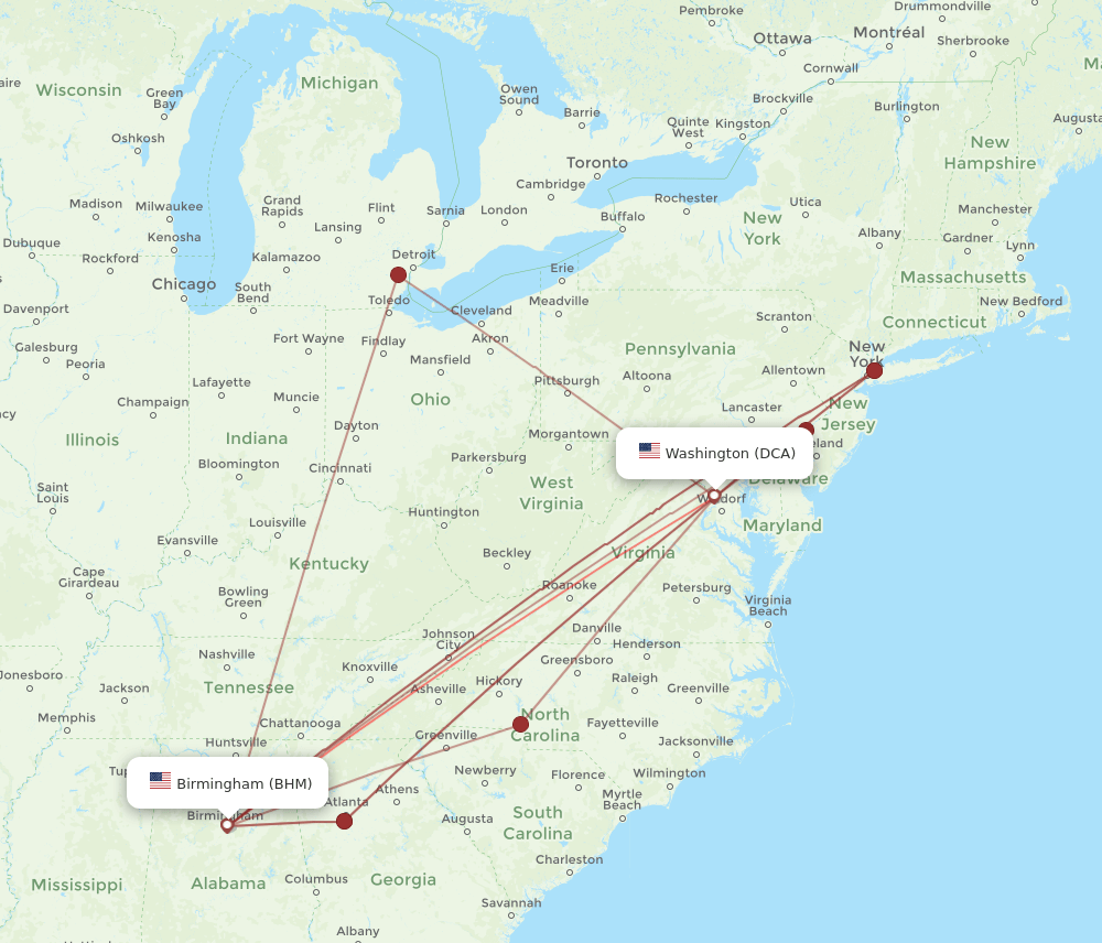 BHM-DCA flight routes