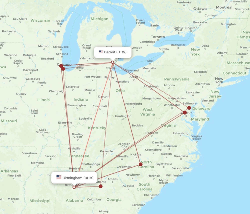 BHM-DTW flight routes