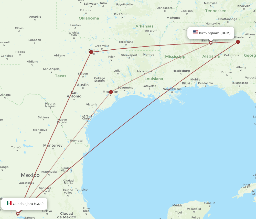 BHM-GDL flight routes