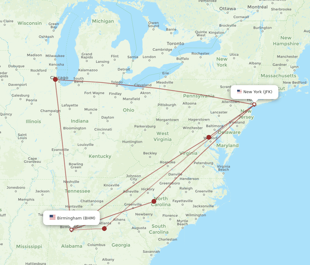 BHM-JFK flight routes