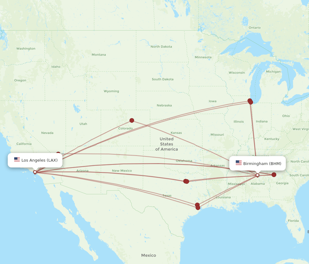 BHM to LAX flights and routes map