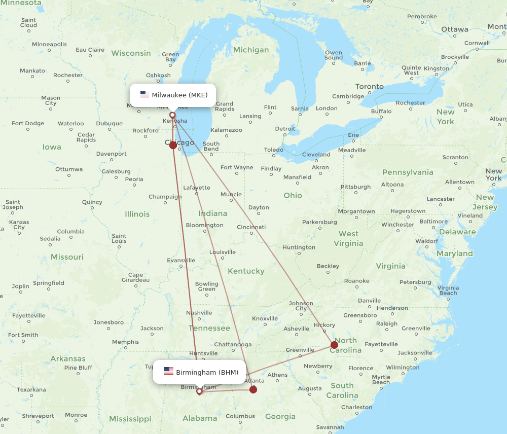 BHM to MKE flights and routes map