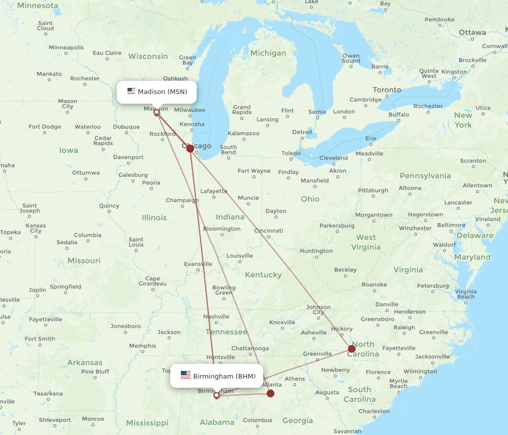 BHM to MSN flights and routes map