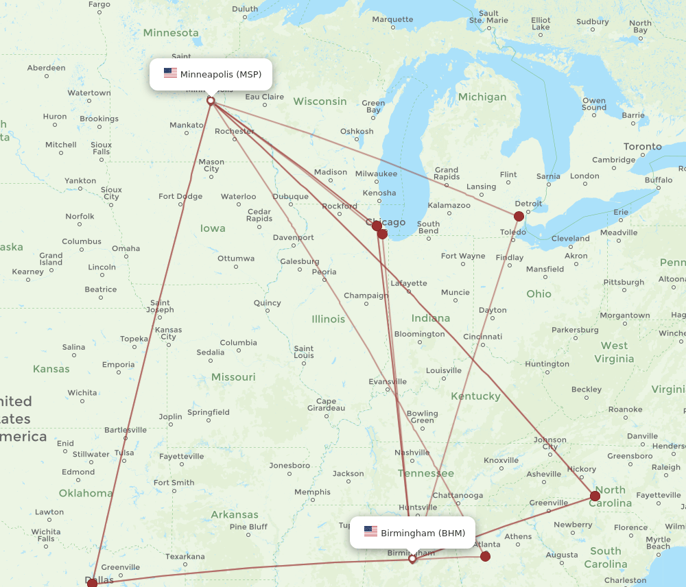 BHM-MSP flight routes