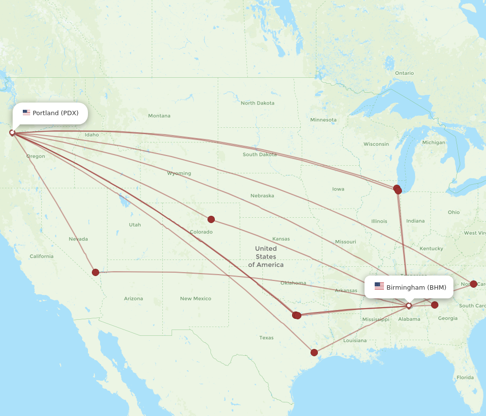 BHM to PDX flights and routes map