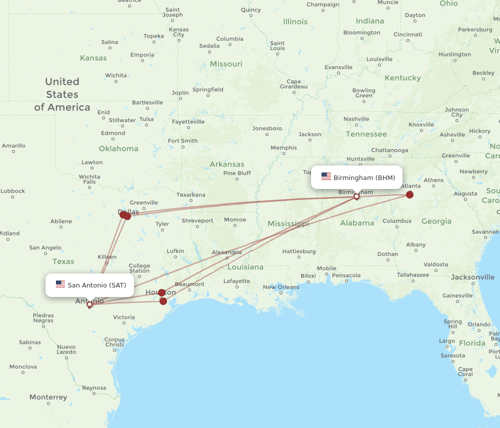 BHM to SAT flights and routes map