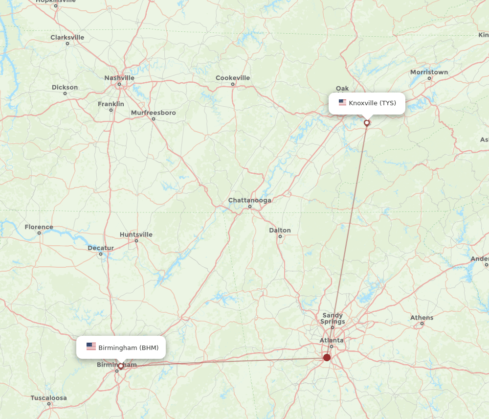 BHM to TYS flights and routes map