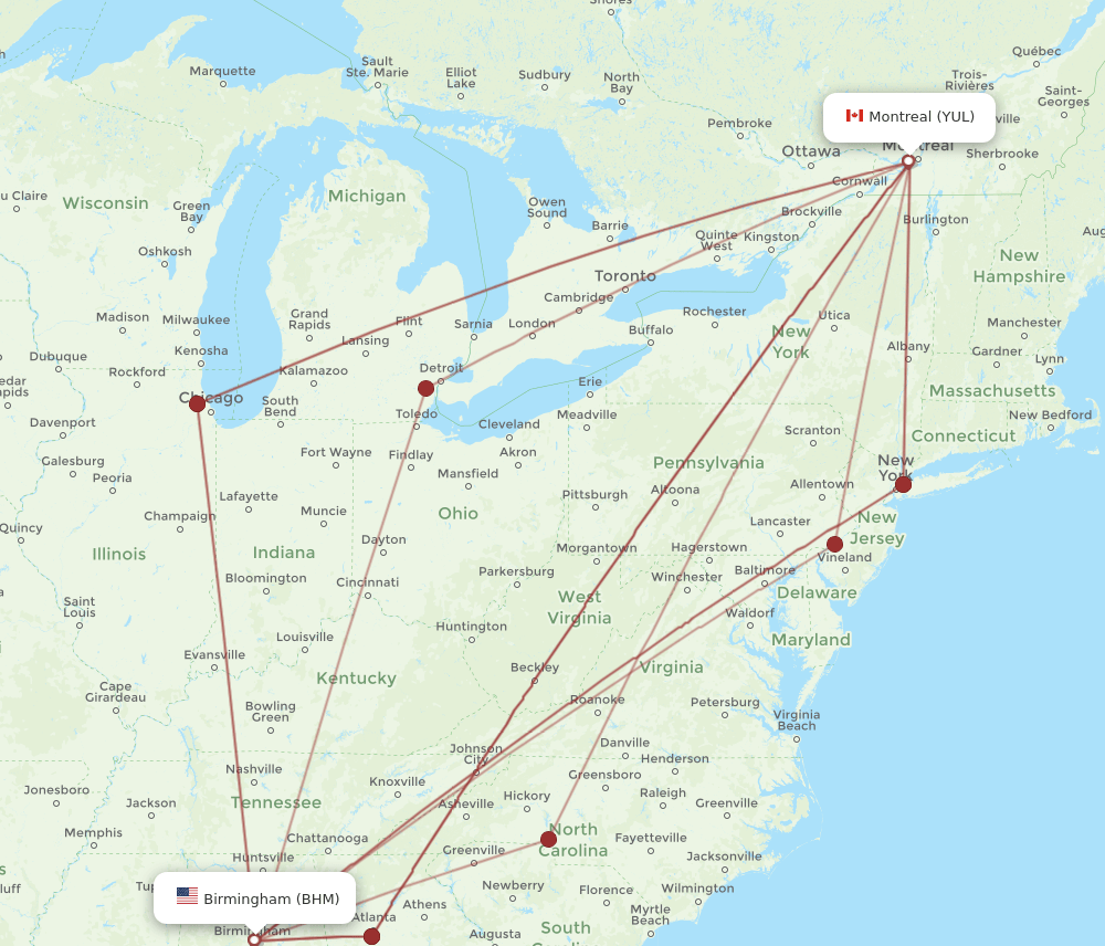 BHM-YUL flight routes
