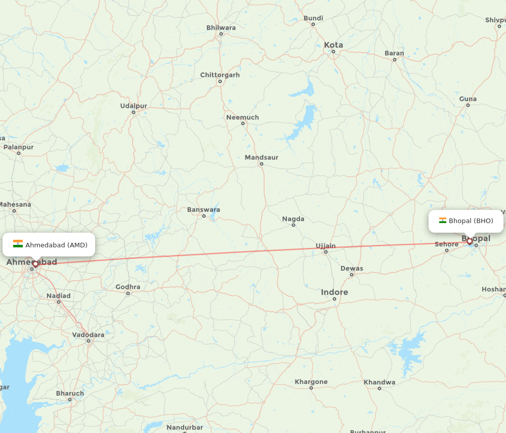 Bhopal - Ahmedabad route map and flight paths