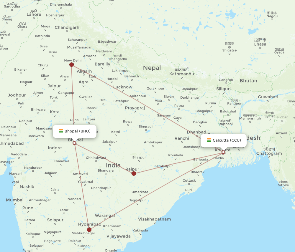 BHO-CCU flight routes