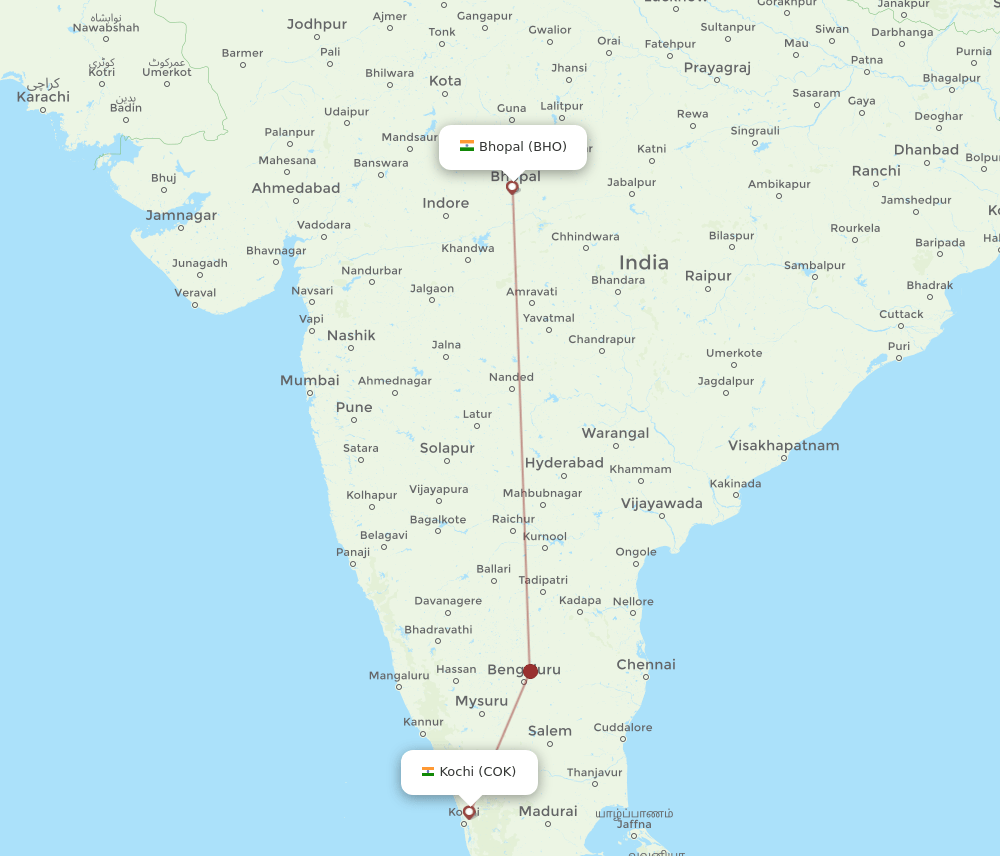 BHO to COK flights and routes map