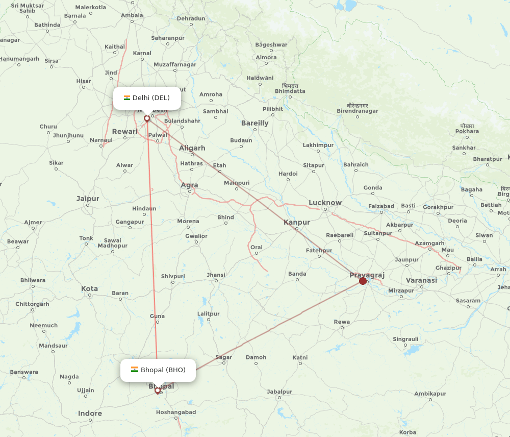Bhopal - Delhi route map and flight paths