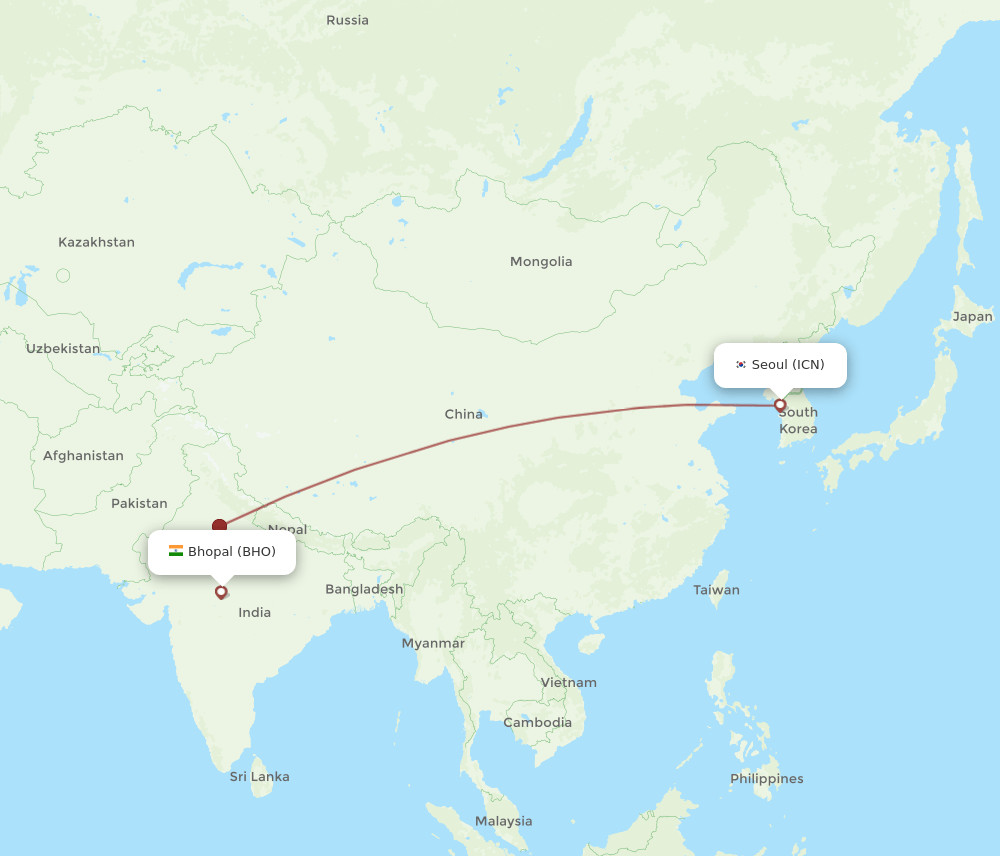 Bhopal - Seoul route map and flight paths