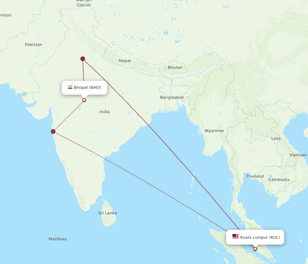 Kuala Lumpur - Bhopal route map and flight paths