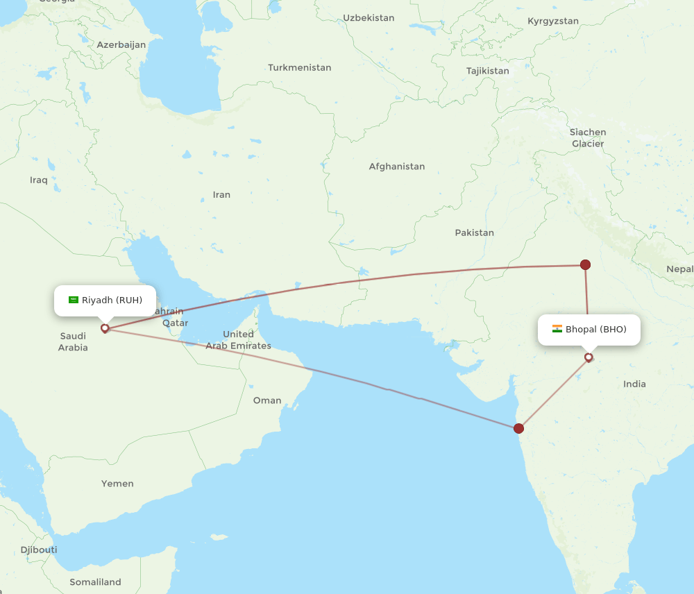 Riyadh - Bhopal route map and flight paths