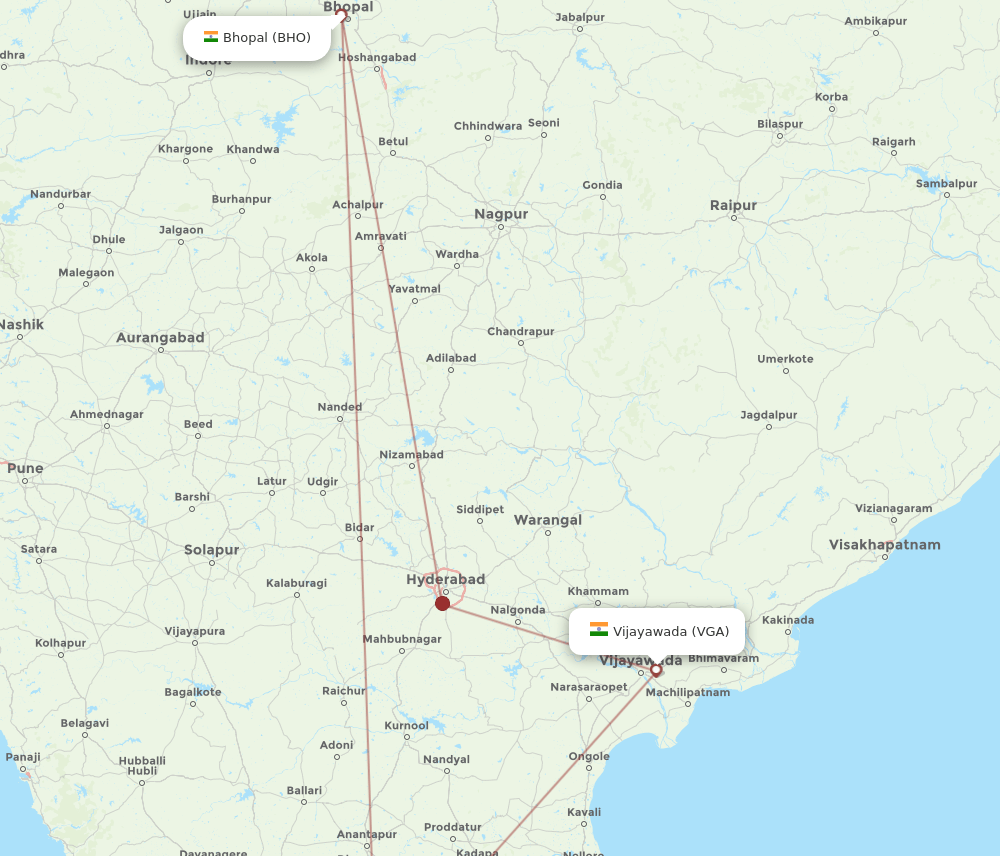Vijayawada - Bhopal route map and flight paths