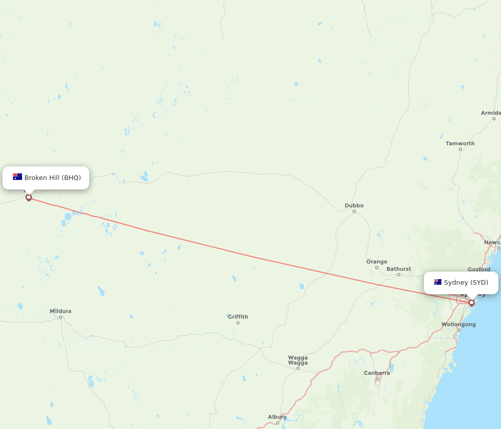 Broken Hill - Sydney route map and flight paths