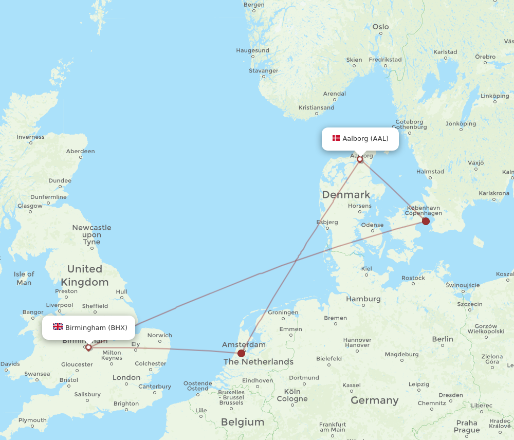BHX to AAL flights and routes map