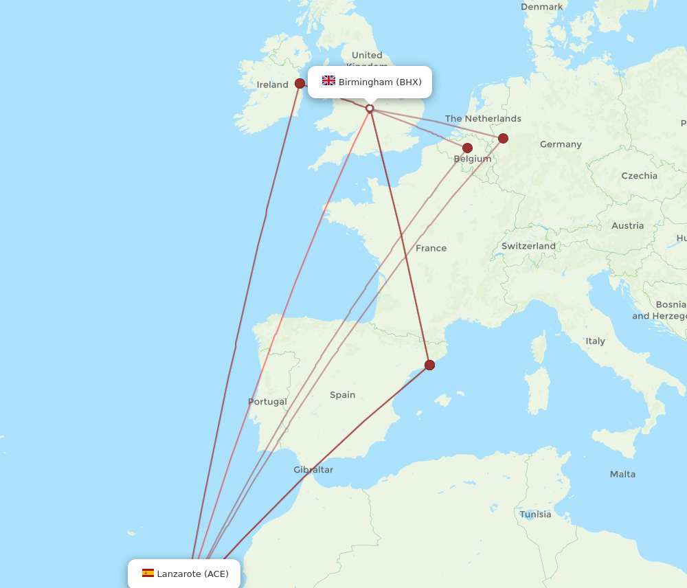 BHX to ACE flights and routes map