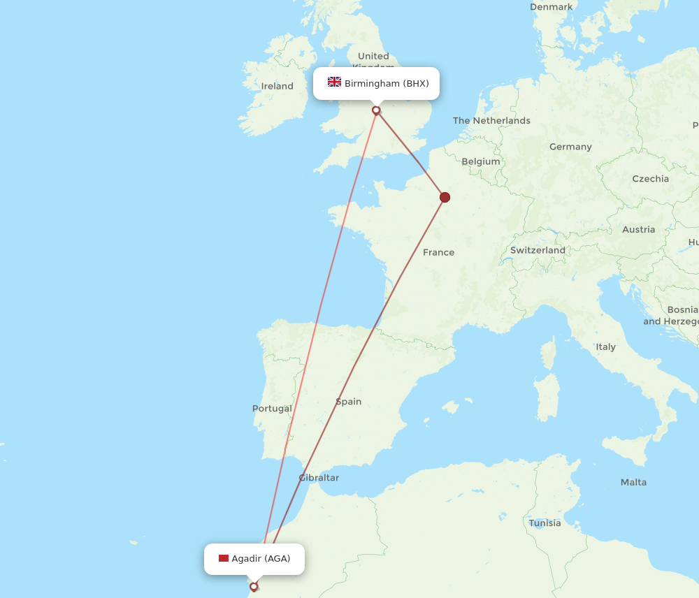 BHX to AGA flights and routes map