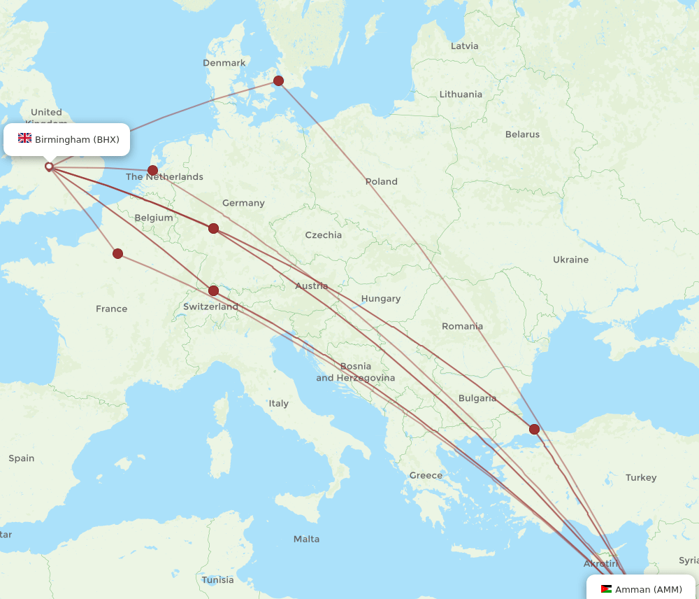 BHX to AMM flights and routes map