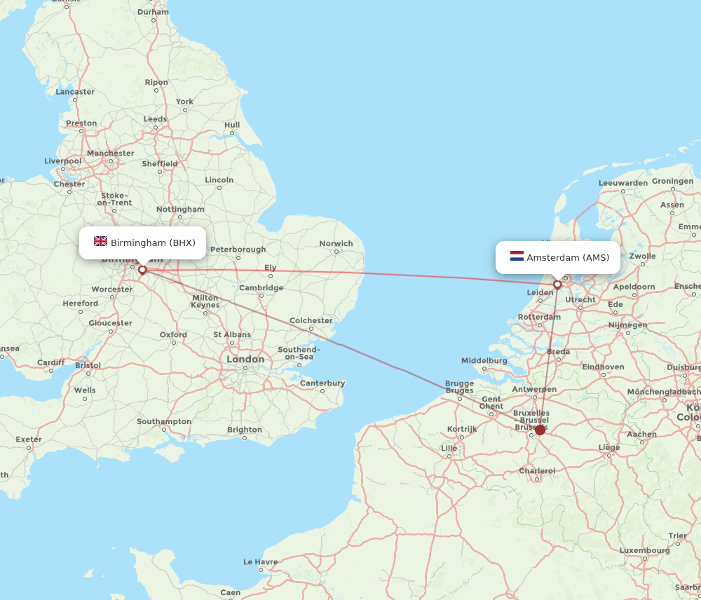 Birmingham - Amsterdam route map and flight paths