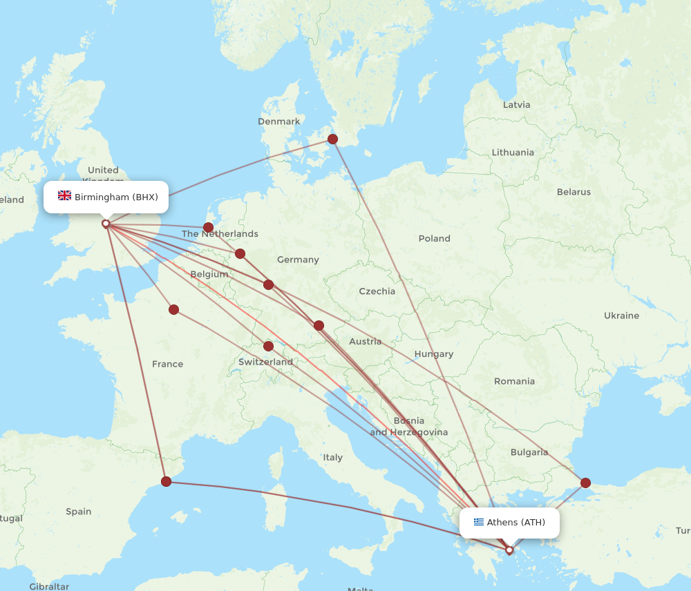 BHX to ATH flights and routes map