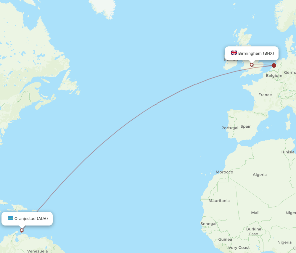 BHX to AUA flights and routes map