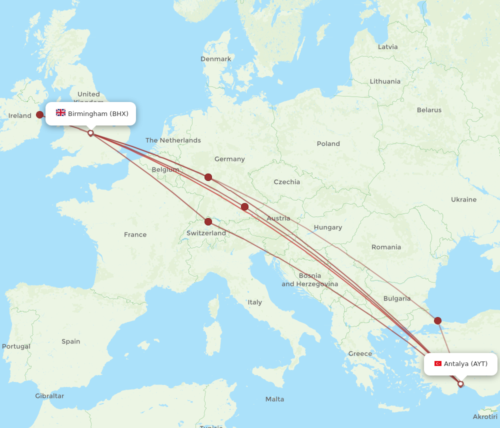 BHX to AYT flights and routes map