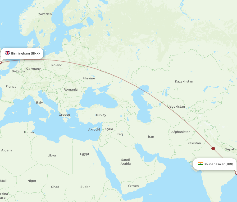 Bhubaneswar - Birmingham route map and flight paths