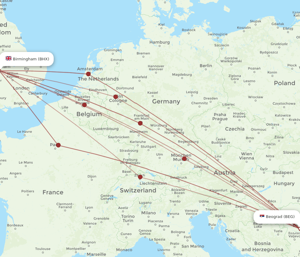 BHX-BEG flight routes