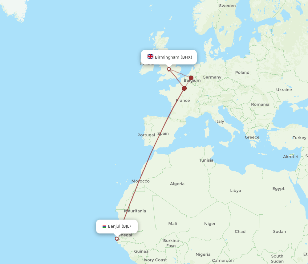Birmingham - Banjul route map and flight paths