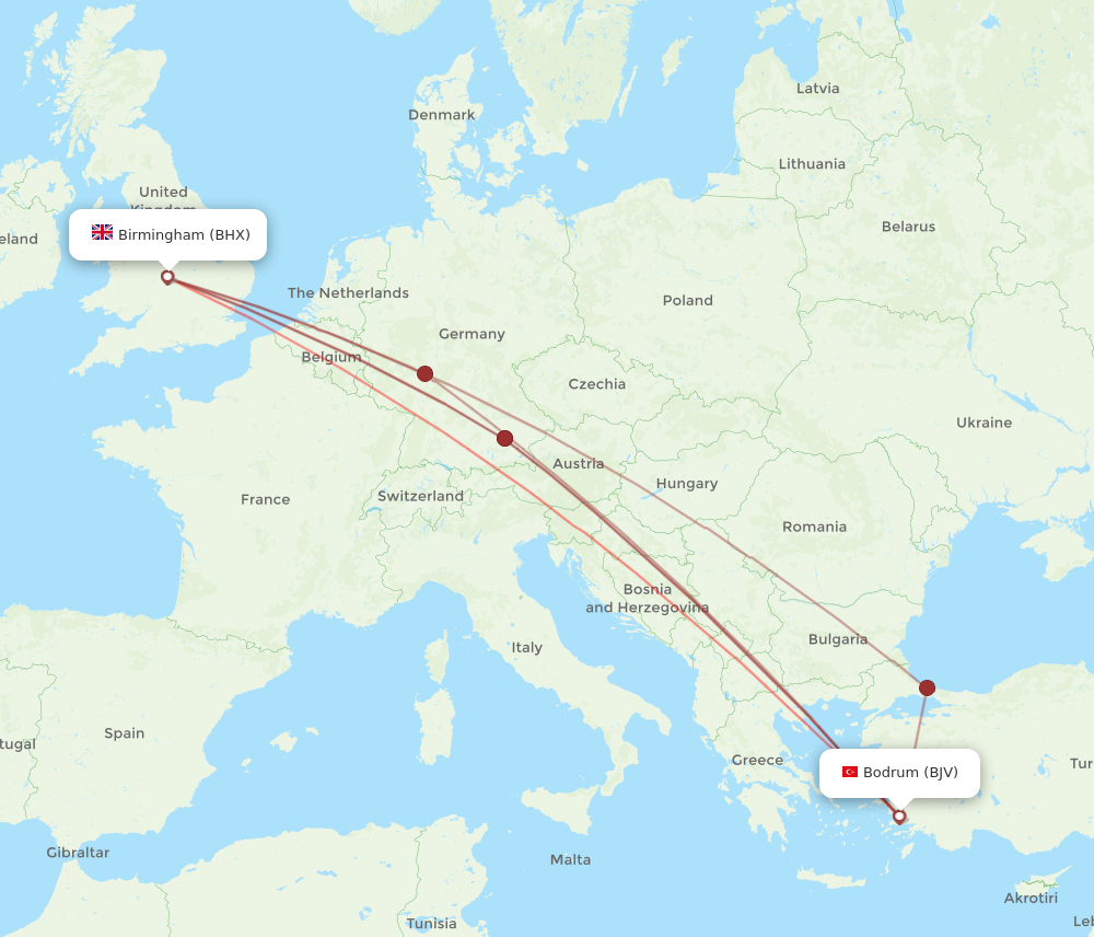 BHX to BJV flights and routes map