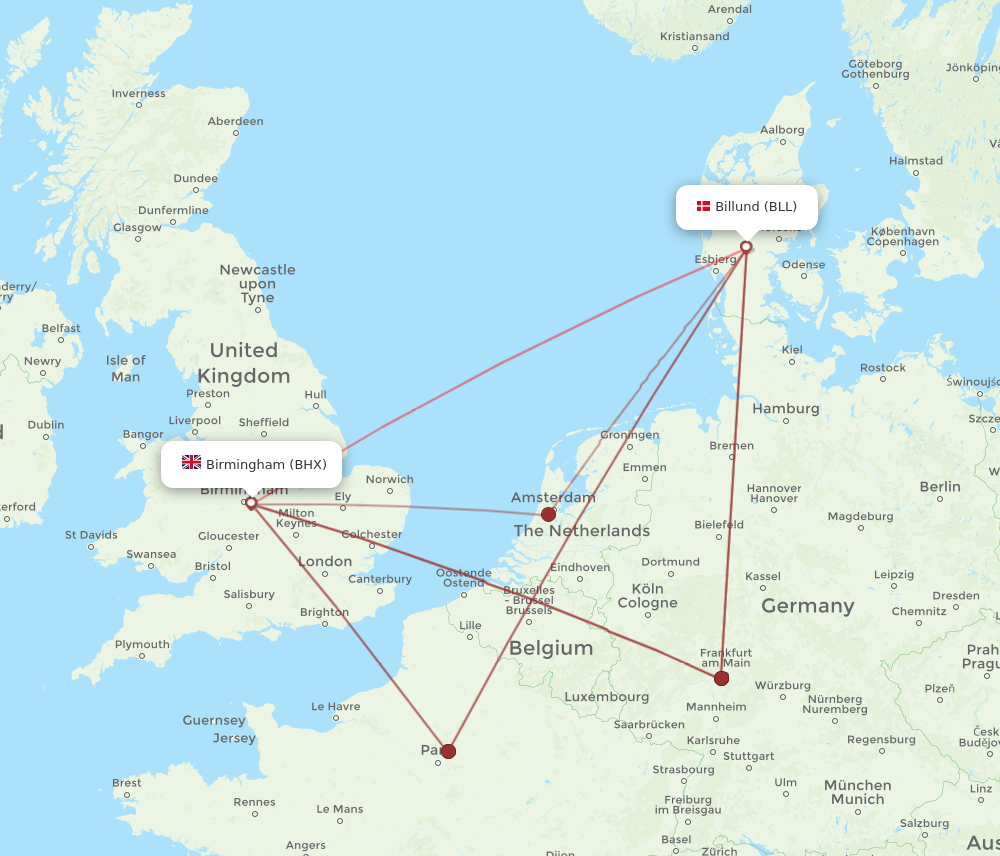BHX to BLL flights and routes map
