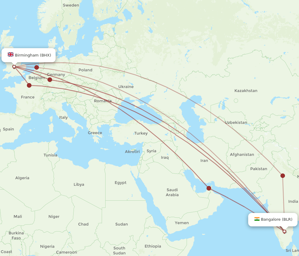 BHX-BLR flight routes