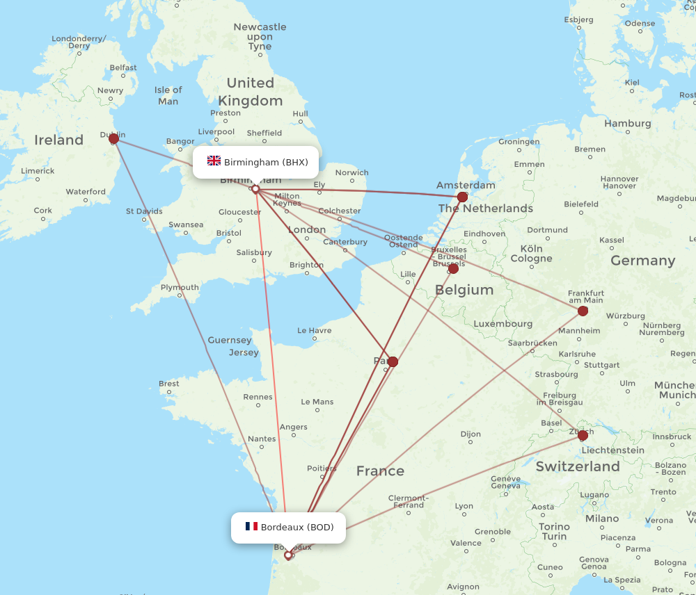 BHX to BOD flights and routes map