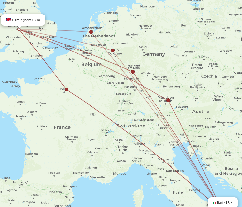 BHX to BRI flights and routes map