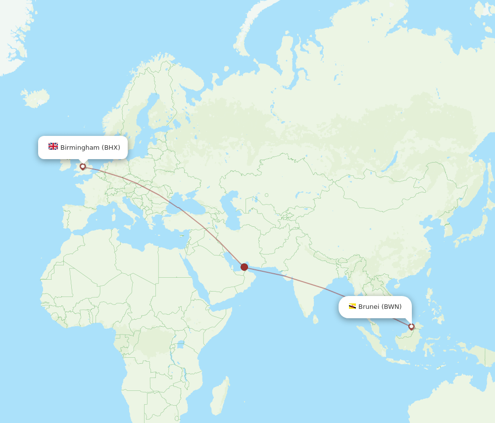 BHX to BWN flights and routes map