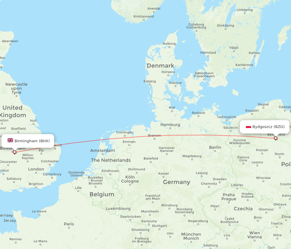 BHX to BZG flights and routes map