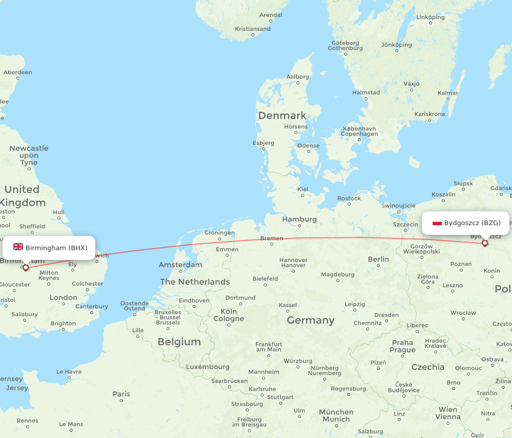 BHX to BZG flights and routes map