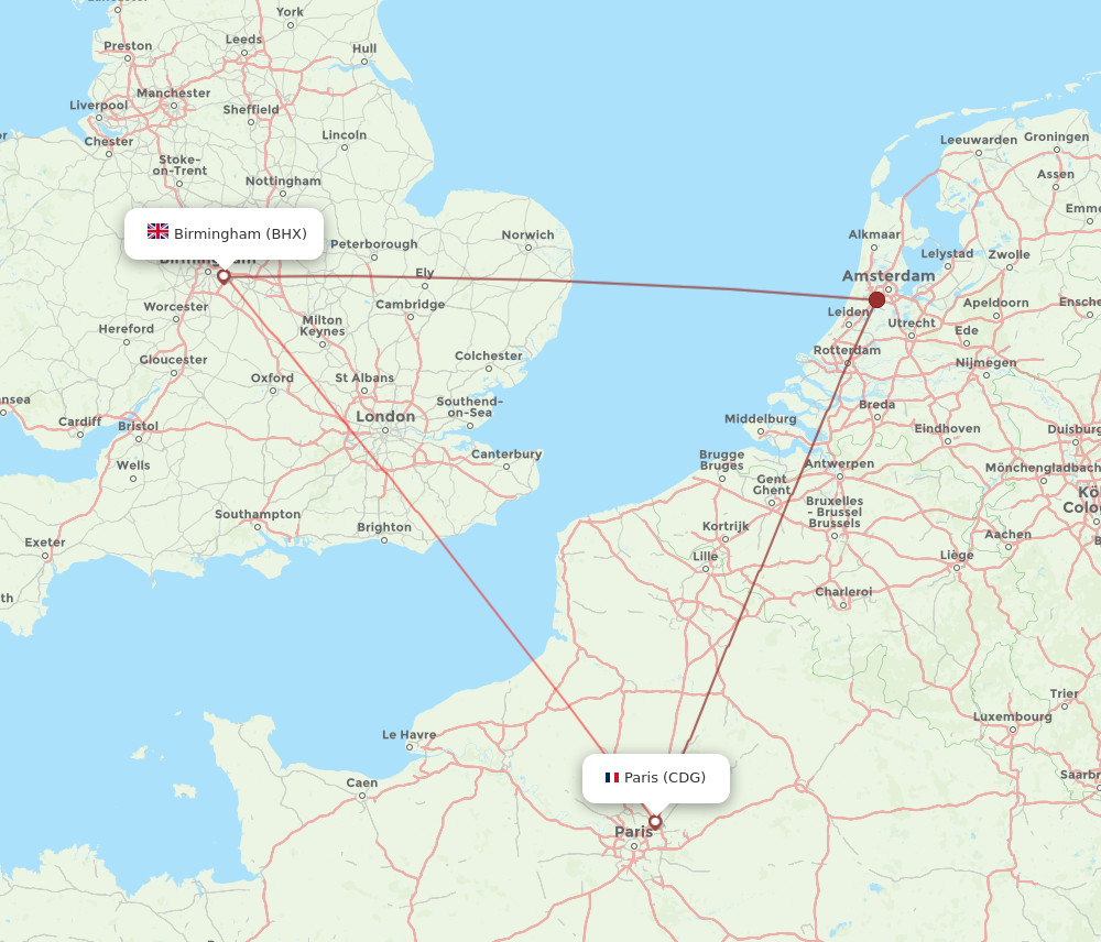 BHX to CDG flights and routes map